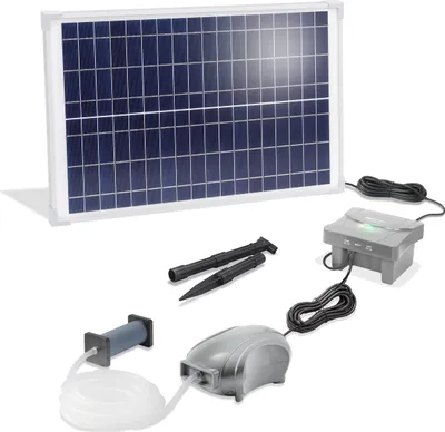 A solar panel and pond aeration kit laid out on a white background.