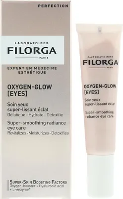 A product box and tube of Filorga Oxygen-Glow Eyes Super Smoothing Radiance Eye Care.