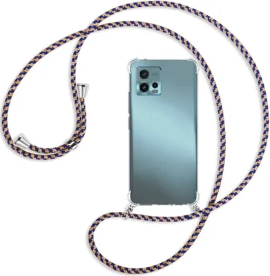Produktbild von Handykette Backcover-Schutzhülle mit Band (Metall silberfarben) für Motorola Moto G72 (6.55'') - blau+beige