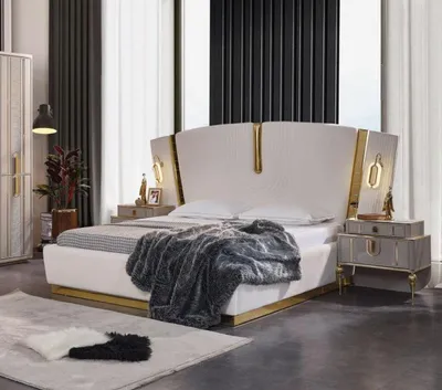 Produktbild von Schlafzimmer Doppelbett Garnitur Bett Nachttische Weiß 3tlg Luxus
