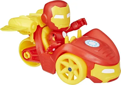 A toy Iron Man character riding a red and yellow vehicle.