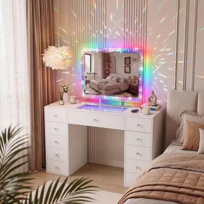 Obrázok produktu pre Toaletný stolík VANITII s diamantovým zrkadlom a LED osvetlením dosky, elegantný moderný dizajn