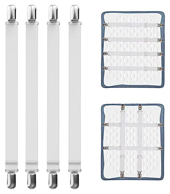 Produktbild von Verstellbare Bettlakenklammern, 4 Stück, 55-250 cm, elastische Bettlakenklammern, weiß, mit Metallklammern, für Bettlaken, Matratzen, Bügelbretter oder Sofas.