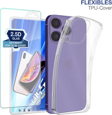 Produktbild von Slim Cover für Apple iPhone 15 Pro Max mit 9H Displayglas Displayschutz Hülle Transparent Flexibel Elastisch Backcover Schutzhülle Handyhülle