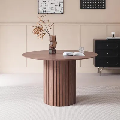 Productafbeelding van Eettafel van massief hout, 120 cm, donkerbruin, met metalen onderstel, in landelijke stijl, geschikt voor 4-6 personen