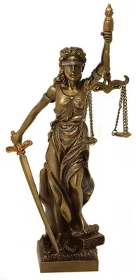 A bronze statue of Lady Justice, symbolizing justice and law, is displayed against a white background.
