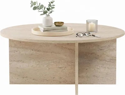 Image de Simbario - Table de Salon, 90x90x40h cm, Blanc Marbre, Forme Ronde
