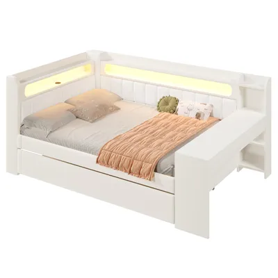 Produktbild von Schlafsofa mit LED-Beleuchtung, Lattenrost, Ausziehbett, USB/Typ-C Anschlüssen, 140x200cm, Polsterbett, Doppelbett, Leinen