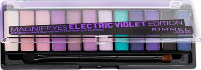 A Rimmel London Magnif'Eyes Electric Violet Edition eyeshadow palette with an applicator.