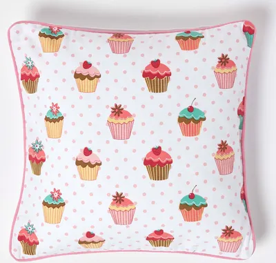 Image de HOMESCAPES Taie d'oreiller en coton avec cupcakes, 45 x 45 cm