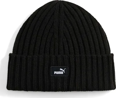 A black knitted beanie with a Puma logo patch.