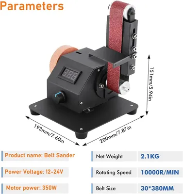 Image de Mini ponceuse à bande - Ponceuse électrique - Moteur sans balais de 350 W - Vitesse réglable en continu jusqu'à 8500 tr/min - Bande de 3 x 38 cm avec 10 bandes de ponçage - Pour le bois et le métal