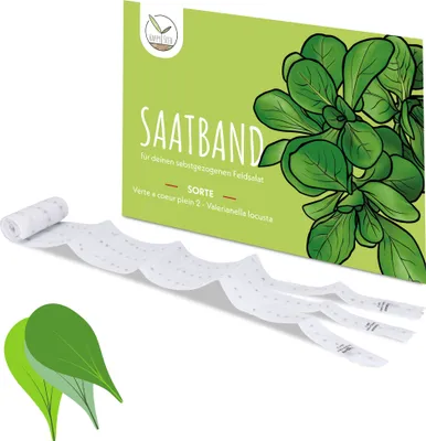 Zdjęcie produktu dla 5 m taśmy z nasionami roszponki (Verte a coeur plein 2 – Valerianella locusta) – chrupiąca, świeża sałata, idealna do uprawy w ogrodzie, w skrzynkach balkonowych i na grządkach warzywnych