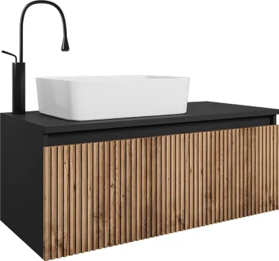 Produktbild von Easy4You Unterschrank WOTA 100 cm Matt Schwarz/Eiche Hängeschrank Badschrank Badezimmerschrank mit Schublade
