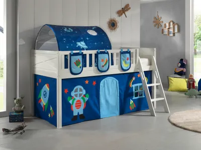 Produktbild von VIPACK - Spielbett SCOTT, LF 90 x 200 cm, mit Rolllattenrost, Leiter und Textilset Vorhang, Tunnel und 3 Taschen "Astro"