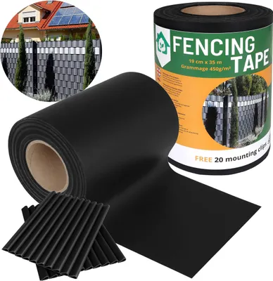 Produktbild von Sichtschutzstreifen, UV-Sichtschutzfolie für Stabmattenzaun 19 cm x 35 m - 450g/m2 + 20 Befestigungsclips SCHWARZ