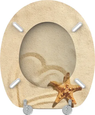 A toilet seat with a sandy beach design, featuring a starfish.
