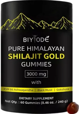 Produktbild von BIYODE Pure Himalayan Shilajit Gold Gummies 3000 mg – mit Ashwagandha, Ingwer, schwarzem Musli, Tribulus, Ginseng und Akarkara, Shilajit Harz, Kapseln