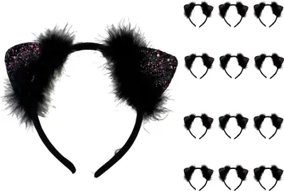 Produktbild von Katzenohren Haarreif mit Federn und Glitter | Schwarz 12er Set