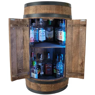 Produktbild von Holzfass-Bar mit Tür und RGB-LED-Beleuchtung auf USB, 4 Räder 80x50cm Wenge Hausbar