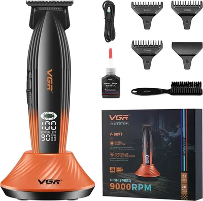 Produktbild von Professionelle kabellose Haarschneidemaschine für Herren, Präzisionstrimmer mit Turbomodus, LED Display, USB Aufladung, Klingen, Ladestation, Orange