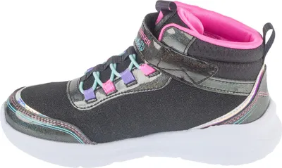Side view of a single black high-top sneaker with pink accents.
