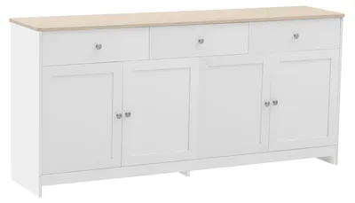 Zdjęcie produktu dla Komoda – witryna z 4 drzwiczkami i 3 szufladami – 160×37×75 cm – szafka do salonu – nowoczesna, wykonana z MDF i płyty wiórowej – kolor biały