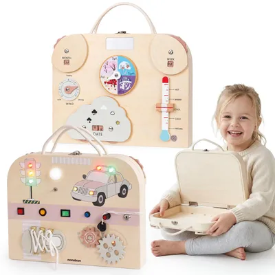 Produktbild von Mamabrum doppelseitiges Manipulationsbrett für Wetter und Verkehr, mit Licht, Sirene, Kalender und Schnürschuh, als Koffer tragbar ab 3 Jahren