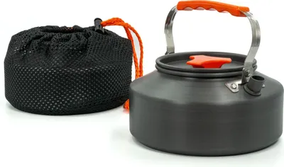 Produktbild von Intirilife Camping Wasserkocher Outdoor Kochkessel aus Aluminium in Orange mit 1.1 L Füllmenge - Zum Kochen von Wasser Tee Kaffee oder Suppe beim Camping oder auf Reisen