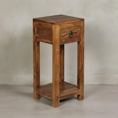 Produktbild von Massivholz Beistelltisch Sheesham, mit Ablage und Schublade - Handgefertigt. 30x30x68 cm | Kadima Design