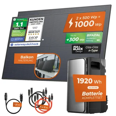 Produktbild von Solarway® 1000Wp / 800W Balkonkraftwerk mit 1,9kWh Speicher komplett Steckdose - 1,9 kWh EcoFlow Stream Max - Solaranlage Komplettset - 500W bifaziale Solarmodule & EcoFlow Speicher & Zubehör