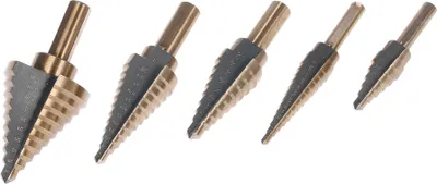 Zdjęcie produktu dla 5 sztuk wierteł stopniowych ze stali szybkotnącej 4241 Zestaw wierteł do metalu do wiercenia w metalu i drewnie z wiertłem stożkowym z aluminiową obudową