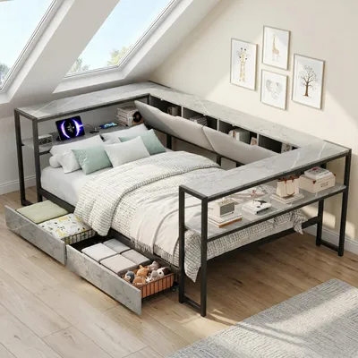 Produktbild von Polsterbett Daybett 90x200 cm mit USB/Typec, Jugendbett, 2 Schubladen, Metall-Lattenrost, Betonfarbe