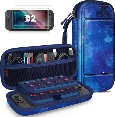 Produktbild von FINTIE Tasche mit großem Fassungsvermögen für Nintendo Switch 2 (2025) - 2-in-1 Zubehörset mit 2 schutzglas, 1 tragbaren Hartschalen-Reiseetui Aufbewahrung, Sternenhimmel