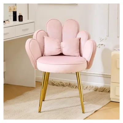 Produktbild von Schminktischstuhl mit Blütenblatt-Rückenlehne, Sessel für Wohnzimmer, Lesesessel mit Schleifenkissen (Rosa)