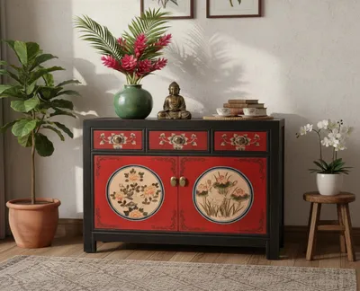 Produktbild von OPIUM OUTLET Kommode Sideboard Schrank orientalisch chinesisch asiatisch Möbel Schränkchen Anrichte rot-schwarz Vintage Shabby Chic Stil antiker Landhaus-Stil