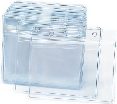 Image de Porte-badges avec étiquettes nominatives, 100 pièces, porte-badges horizontaux - 100 x 85 mm, porte-badges horizontaux transparents en PVC, imperméables, porte-étiquettes nominatives transparents à usage professionnel.