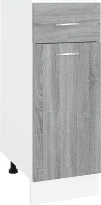 A white and gray kitchen cabinet with a wood grain finish.