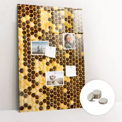 Obrázek produktu pro Magnetická Tabule na Zeď Skleněná - Memo Board Kleněnou Přední Stranou - 5 magnetů v balení - 60x90 cm - Medové plástve