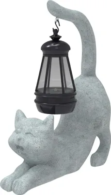 Image de Figurine lanterne solaire, décoration de jardin, chat, résine, gris, 20 cm