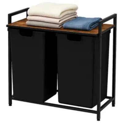 Image de Grand Panier À Linge Autoportant Avec Étagère, Style Industriel, Bois
