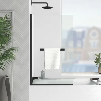 A modern bathroom scene featuring a shower screen over a bathtub.