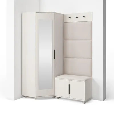 A corner wardrobe set with a mirrored door, bench, and coat hooks.