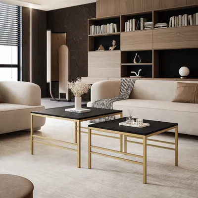 Produktbild von Idohome - Moderner Couchtisch FORMA 2in1 70/60 cm für das Wohnzimmer 2er Set mit Metalgestell Kaffeetisch Wohnzimmertisch Gold / Schwarz Matt