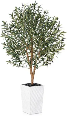 Obrázok produktu pre Umelý olivovník, 150 cm, biely kužeľovitý kvetináč, odolný voči UV žiareniu