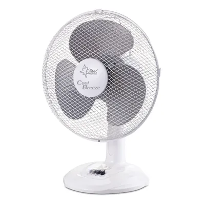 A white table fan with a silver grill and dark gray blades, set against a white background.