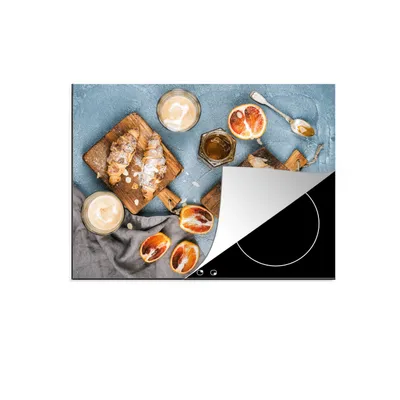 Produktbild von KitchenYeah© Herdabdeckplatte Croissant - Obst - Frühstück , 70x52cm, Küche Deko, Glaskeramikkochfeld Herdabdeckung, Abdeckplatte fùr Kochfeld