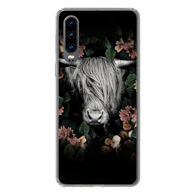 Produktbild von MuchoWow® Handyhülle Schutzhülle Hülle für Huawei P30 Schottischer Highlander - Blumen - Rosa Silikon Softcase Handy Hülle - Kartenbesitzer