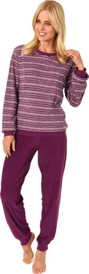 Produktbild von Edler Damen Frottee Pyjama langarm Schlafanzug mit Bündchen in Streifenoptik - 291 13 902 ; rot , 48/50