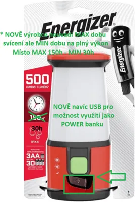 Obrázek produktu pro Kempingová svítilna Energizer  360 Camping Lahtern 500lm + USB 3xAA nebo 3xD